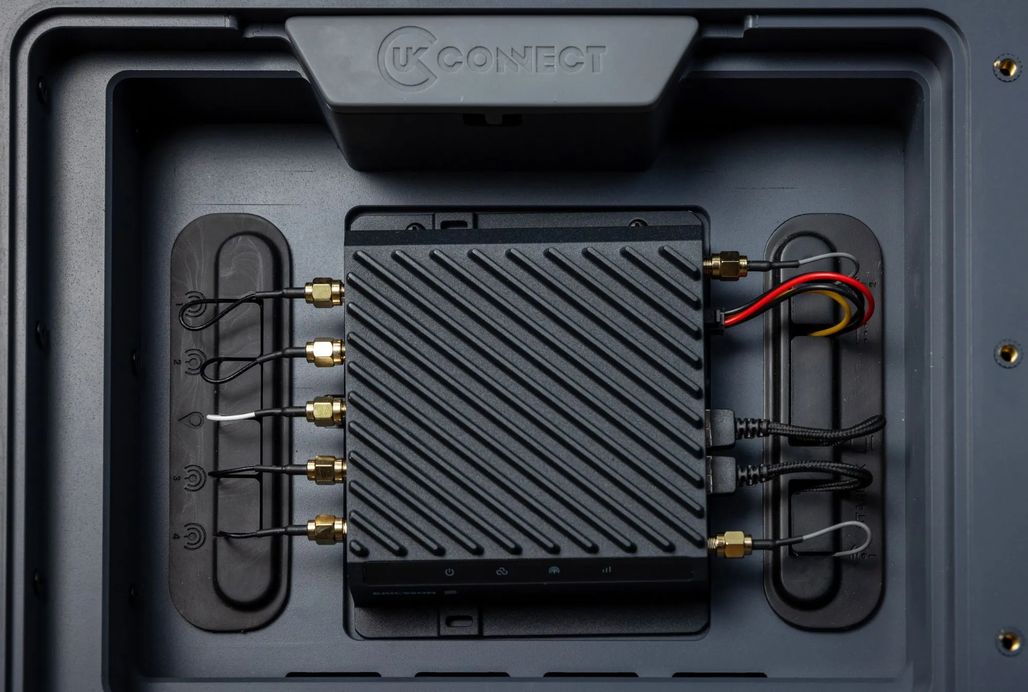 Inside the RBK: the router module and antenna connections in the enclosure